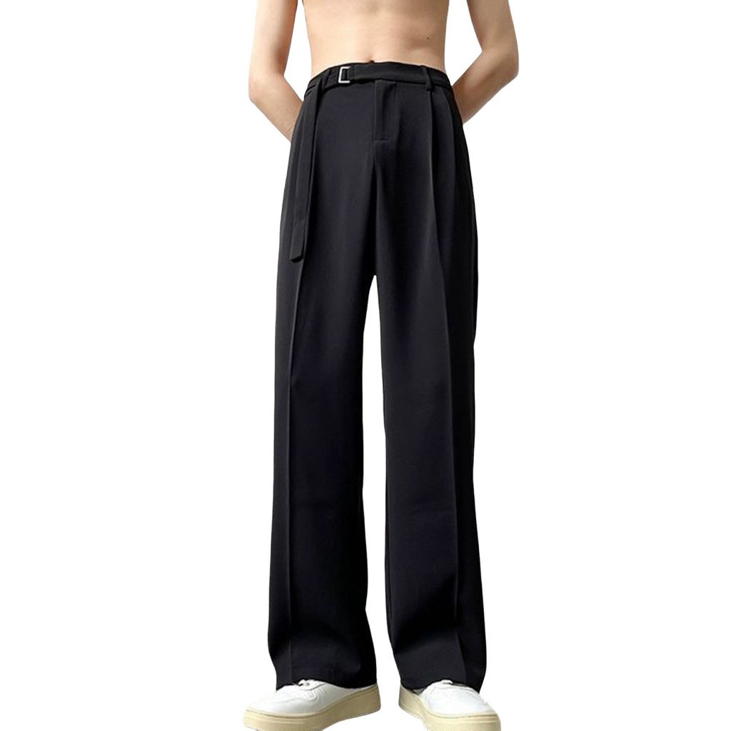 Men Suit Pants Casual Men's Formal Business Wide Leg Straight Trousers with Adjustable Belt Office Wear Solid Color Full