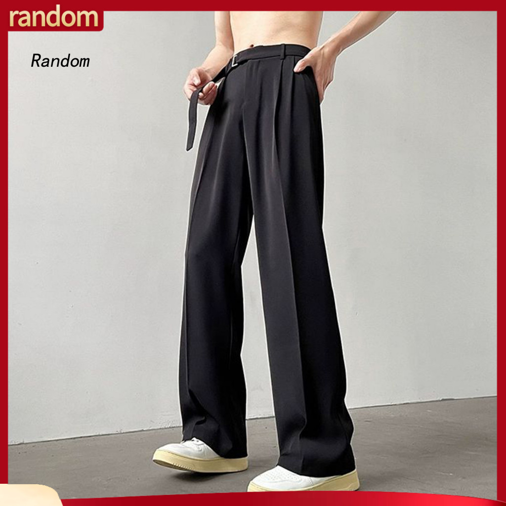 Men Casual Suit Pants Men's Formal Business Wide Leg Straight Trousers with Adjustable Belt Office Wear Solid Color Full
