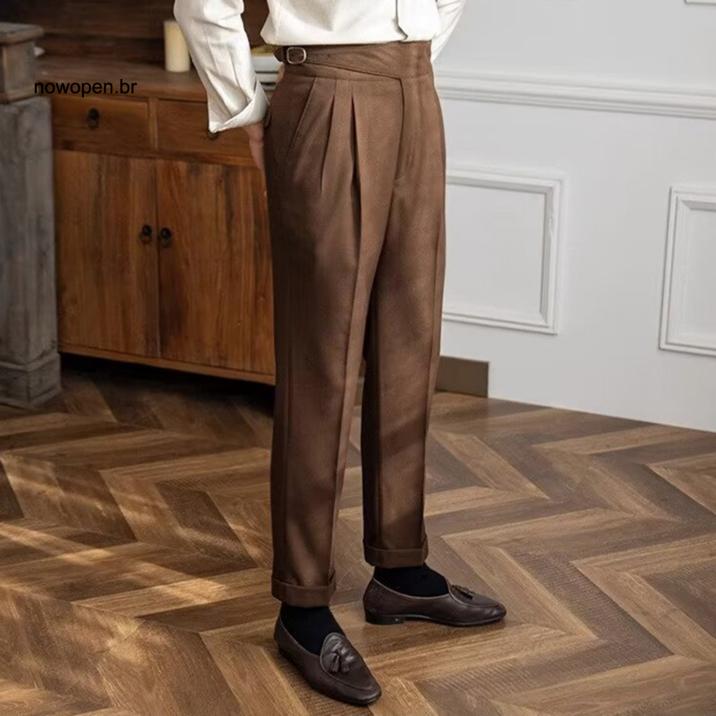Men Pants Solid Color Men's Formal Business Suit Adjustable Waist Zipper Closure Straight Leg Slacks Office Wear English