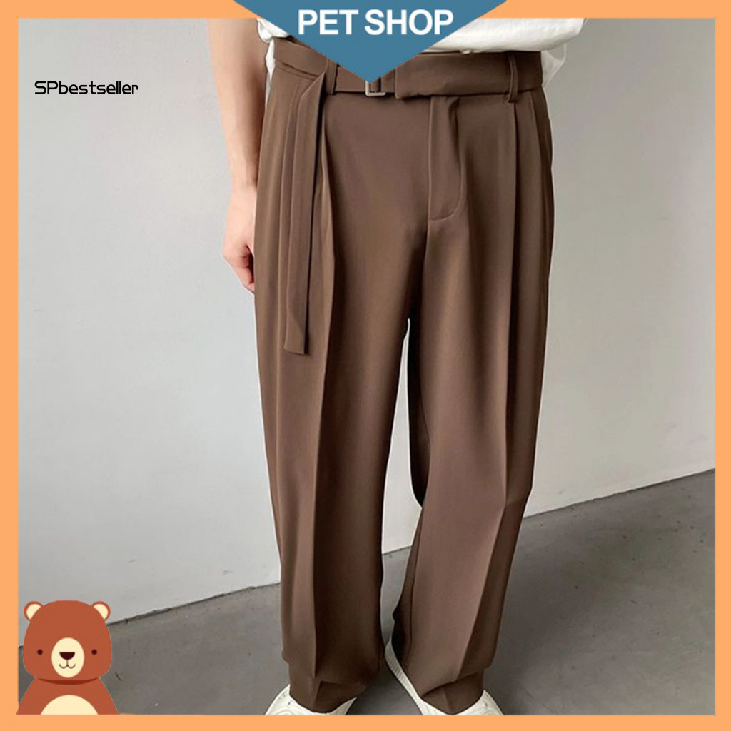 Straight Leg Men Pants Casual Suit Men's Formal Business Wide Trousers with Adjustable Belt Office Wear Solid Color Full