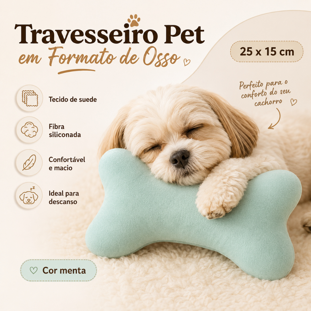 Travesseiro Pet Osso Almofada Suede Macio Cachorro Gato Antialérgico Lavável 25x15cm