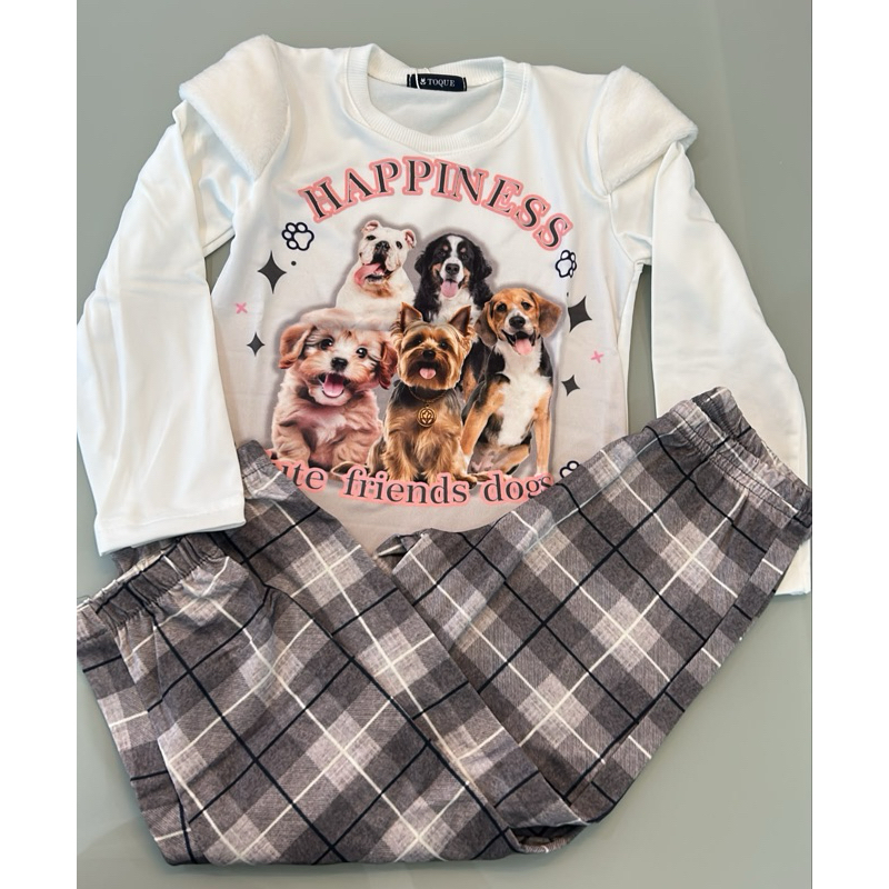 Pijama infantil suede/pele de pêssego manga longa dogs