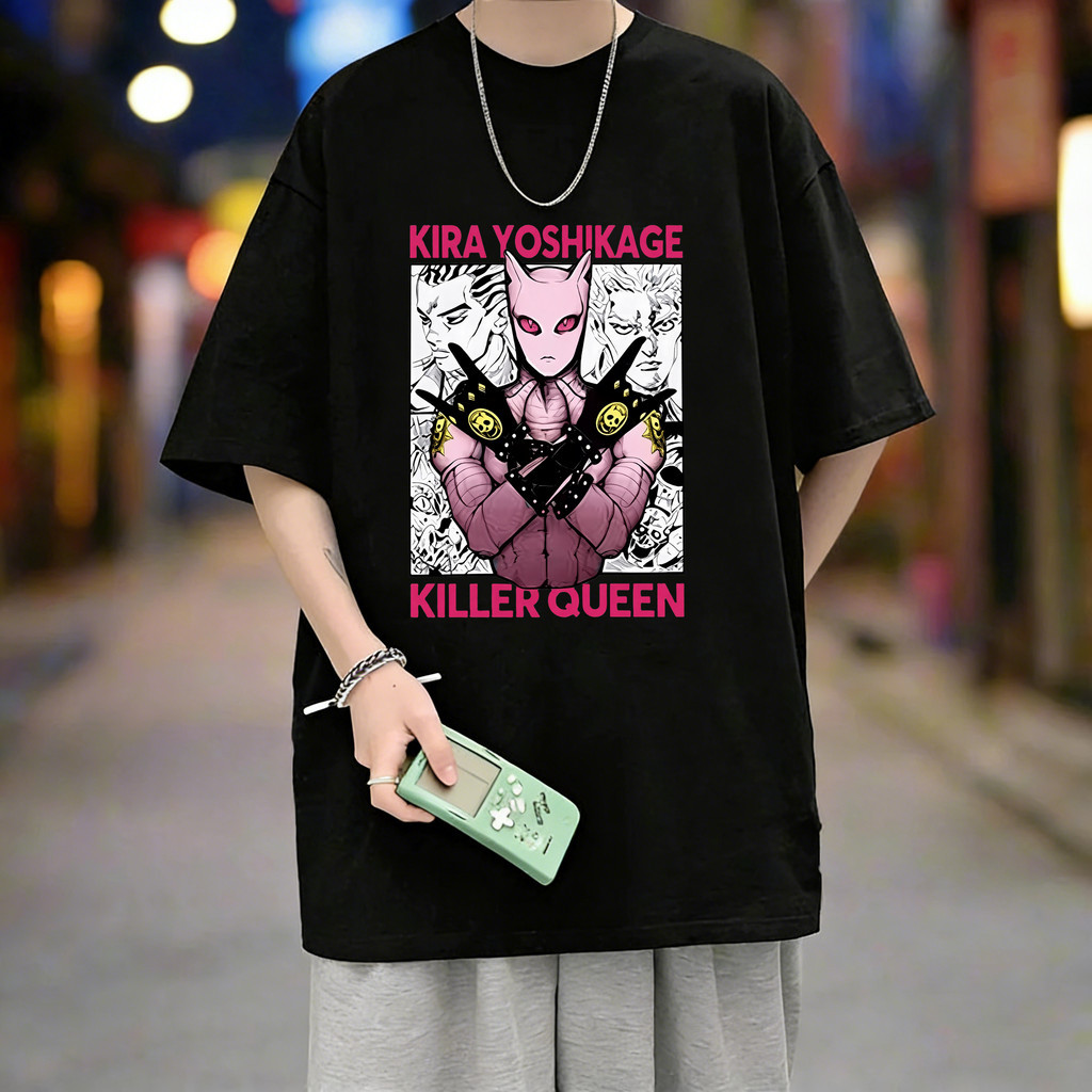 Camiseta Unissex Kira Yoshikage, Cor Rosa, Estampa Colorida, Material Algodão, Para Usar Diariamente ou Fãs Do Manga