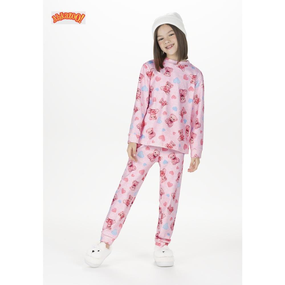 PIJAMA INFANTIL FLEECE MENINA ALAKAZOO URSINHO ROSA INVERNO QUENTINHO