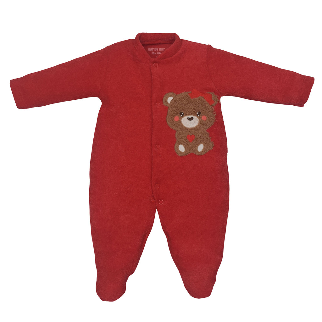 Macacão Bebê Longo Plush Buckle Vermelho Ursinha Bordada Upi Uli