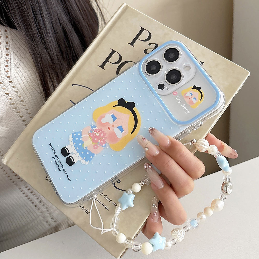 Para iPhone17Pro Cry Baby Cartoon Clear Pearl Star Chain Capa Fofa