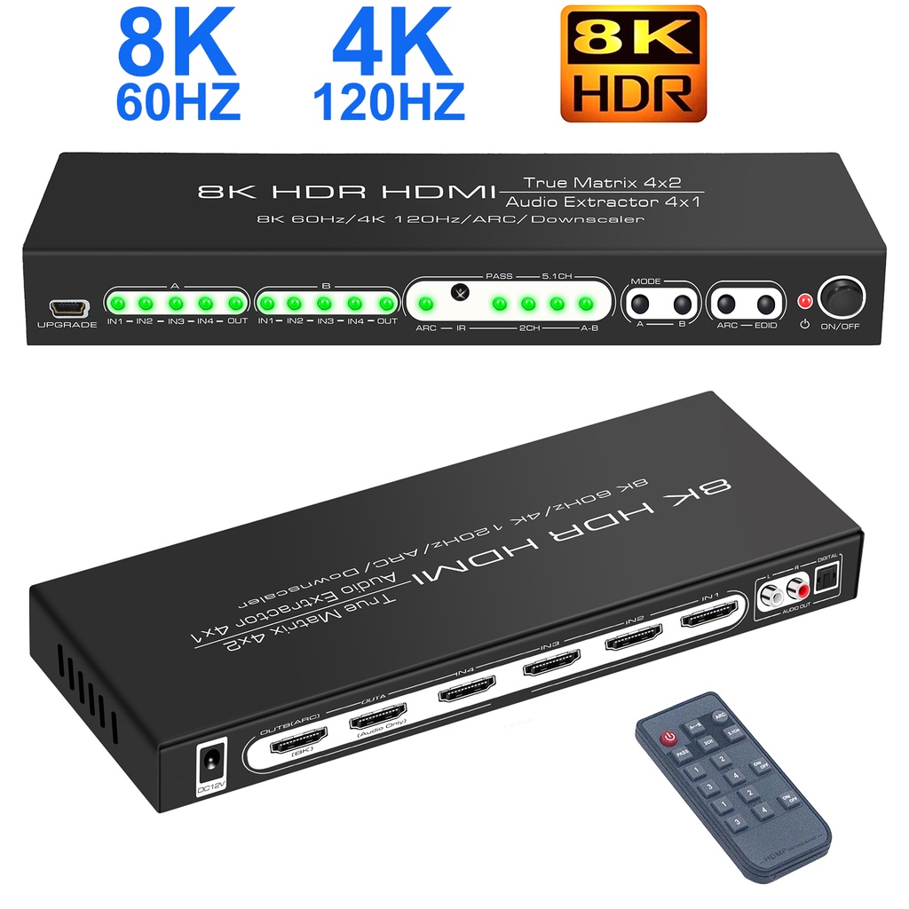 HDMI2.1 HDR 8K 4x2 HDMI Matrix Video Switch Divisor De Tela 4k 120hz Com Extrator De Áudio 4x1 ARC EDID