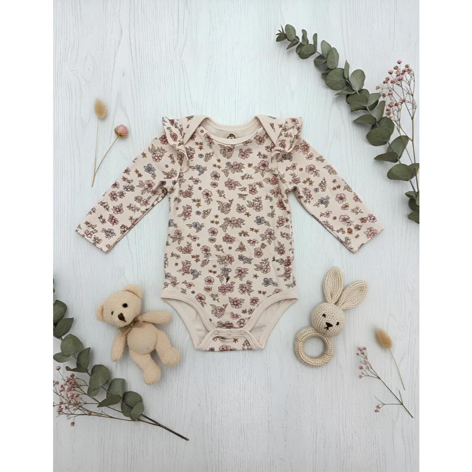 Body Infantil Rabbit Bear Algodão Orgânico Manga Longa Luxo Menina Floral Canelado  Renda