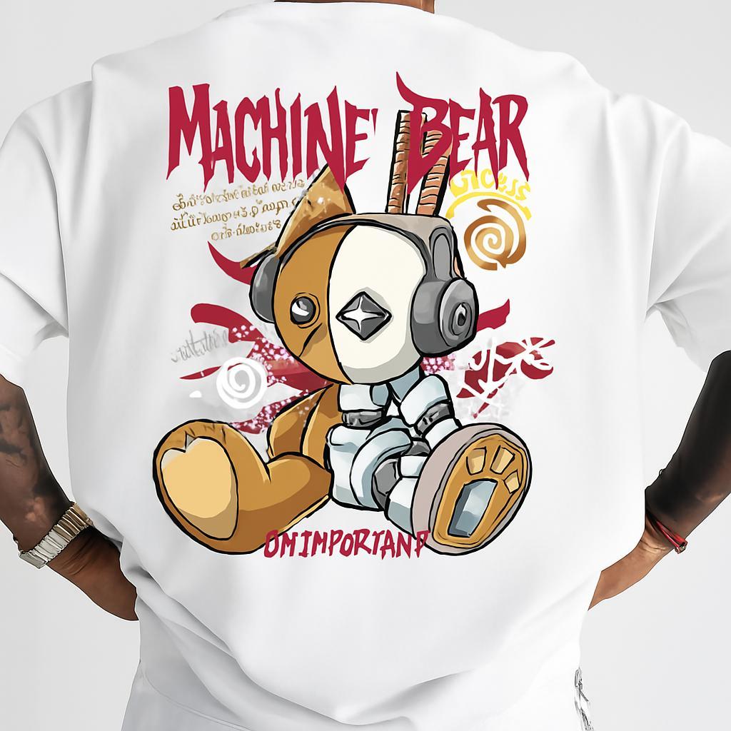 Camiseta Masculina Streetwear Algodão Penteado Infantil Adulto Plus Size Estampa Urso Machine Maquina bear Moda