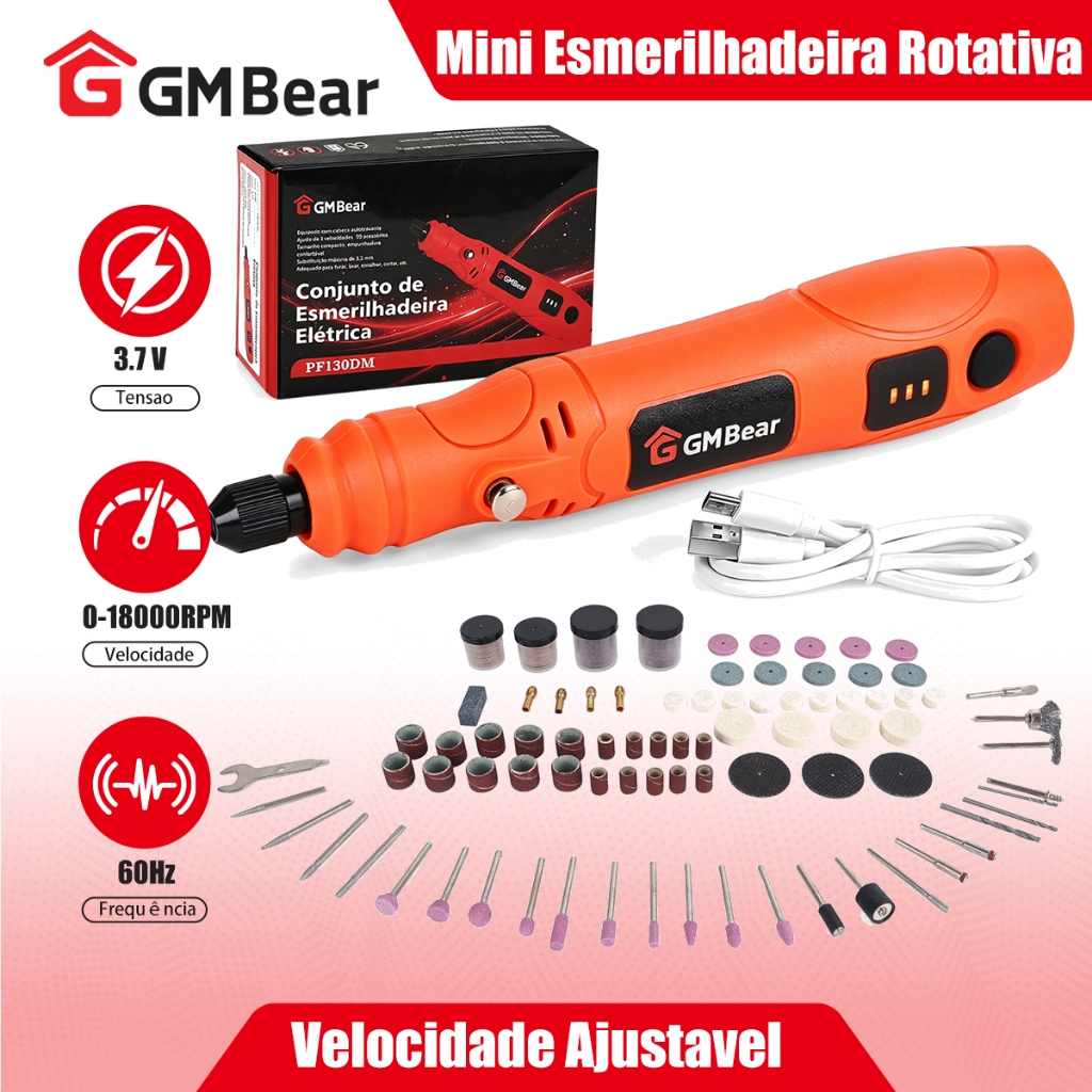 GM Bear Micro Retífica Sem Fio, conjunto de 210 peças, 18000 Rpm,Substituição máxima de 3,2 mm,Para Artesanato Lixamento