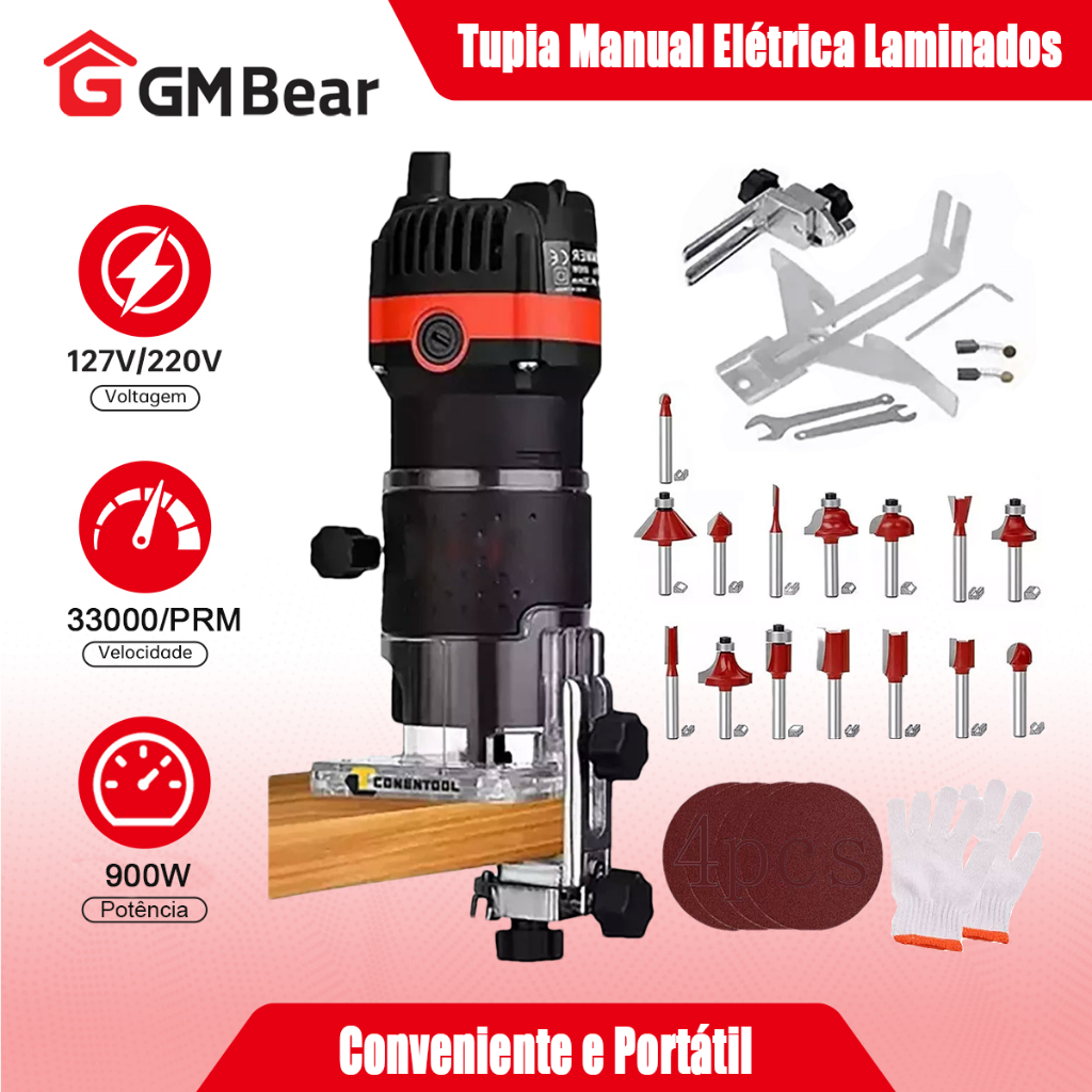 GM Bear Tupia Laminadora Manual 900W Profissional + Jogo de 15 Fresas 6.35mm  com Acabamento Profissional