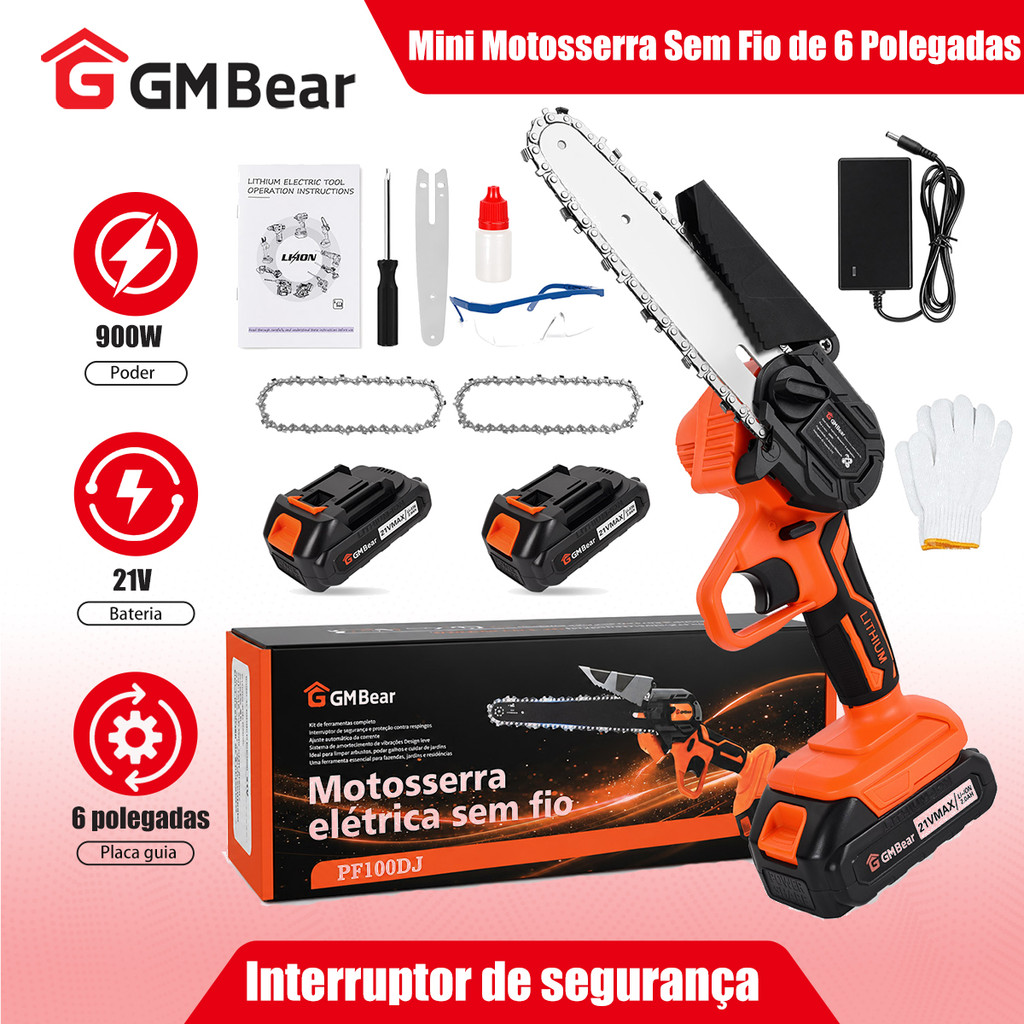 GM Bear Mini Motosserra Sem Fio De 6 Polegadas - Portátil, Com 2 Baterias, Ideal Para Jardinagem E Corte Elétrico