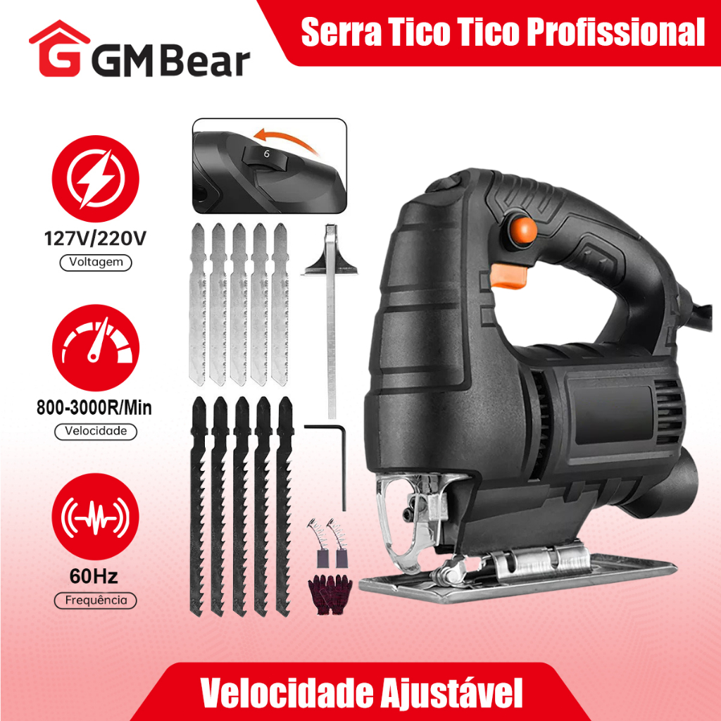 GM Bear Serra Tico Profissional 780W  Uso Base Ajustável 10 Lâminas Corta Madeira Mdf Metal Alumínio para Carpintaria