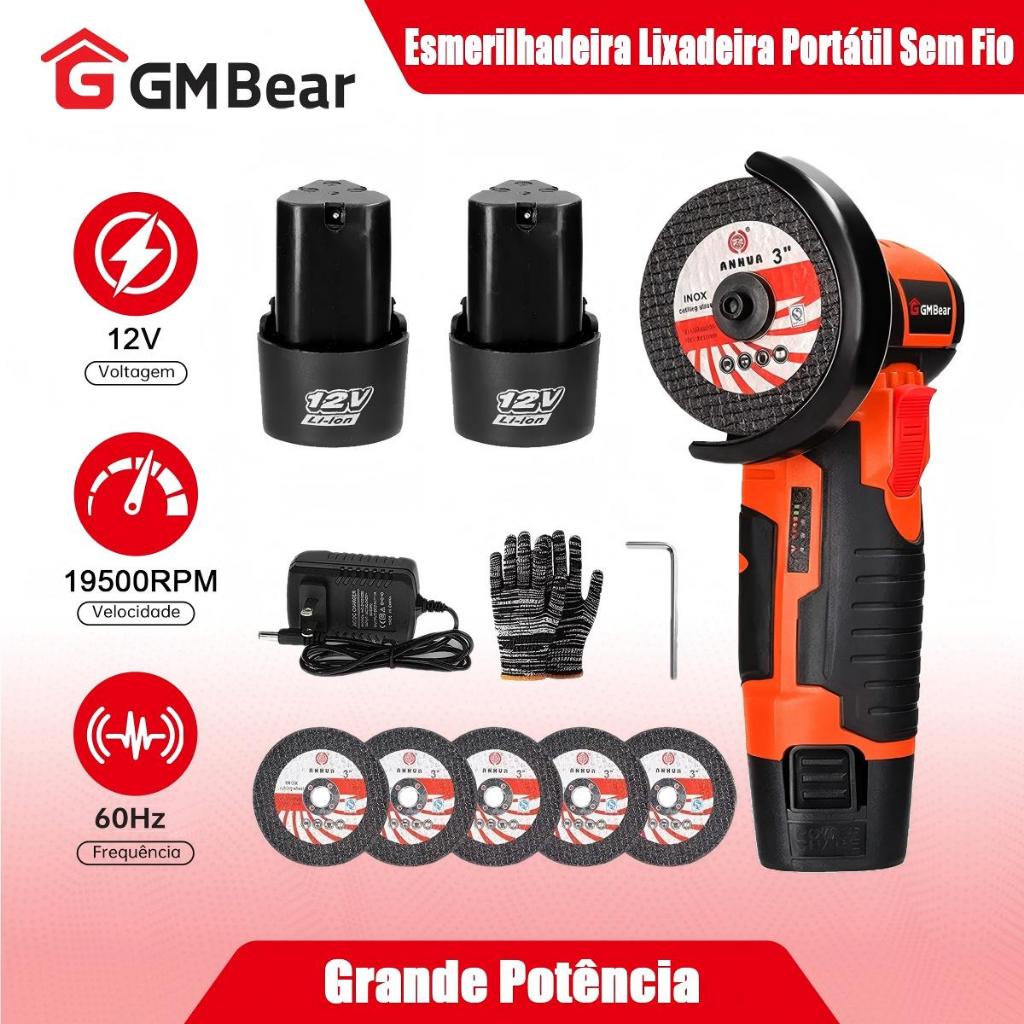 GM Bear Esmerilhadeira Lixadeira Portátil Sem Fio - Mini with Charger and 2 Batteries 2000mAh 75mm Angular