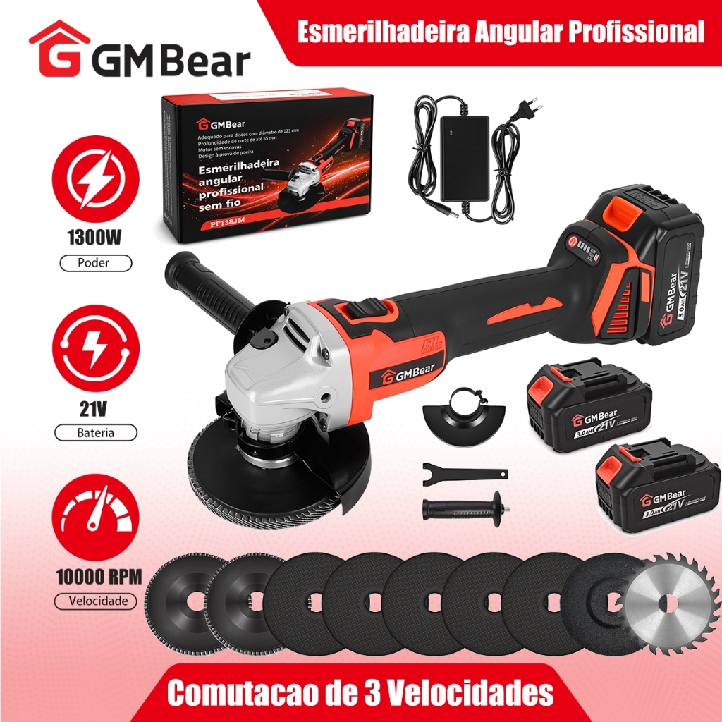 GM Bear 1300W Esmerilhadeira Angular Sem Fio,com 2 Baterias e 3 Velocidades para Corte,alta performance,para concreto