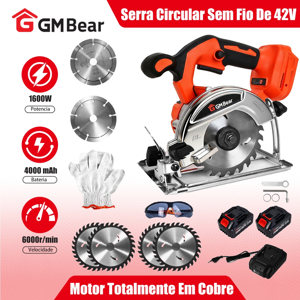 GM Bear Serra circular sem fio 42 V com ângulo ajustável de 0 a 45° Adequada para cortar madeira, metal, mármore