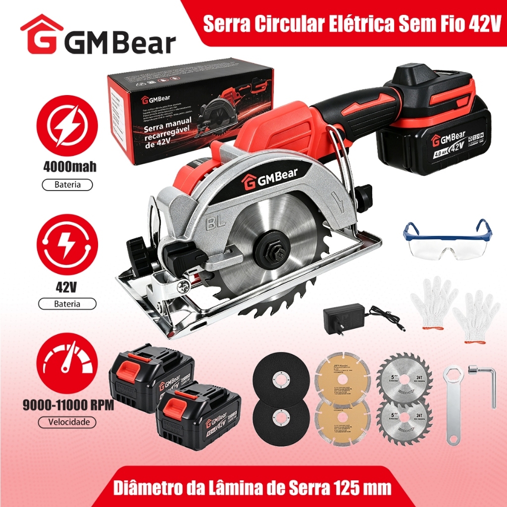GM Bear Serra Circular Elétrica Sem Fio 42V 1600W com Bateria para Corte de Madeira 0°-90° Profissional