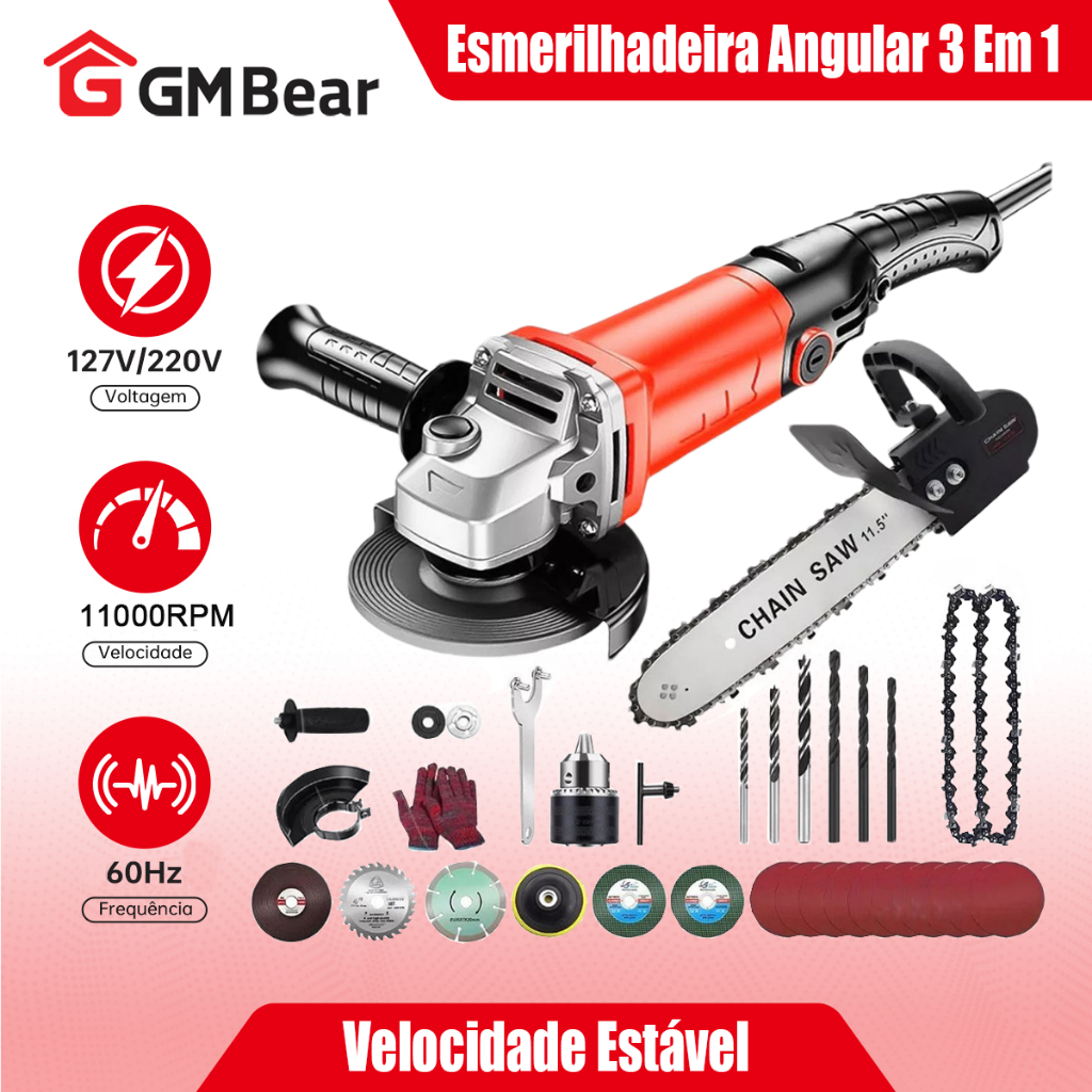 GM Bear Esmerilhadeira Angular 3 em 1 - Com Lixadeira, Furadeira e Motosserra, Versátil e Potente para Uso Profissional