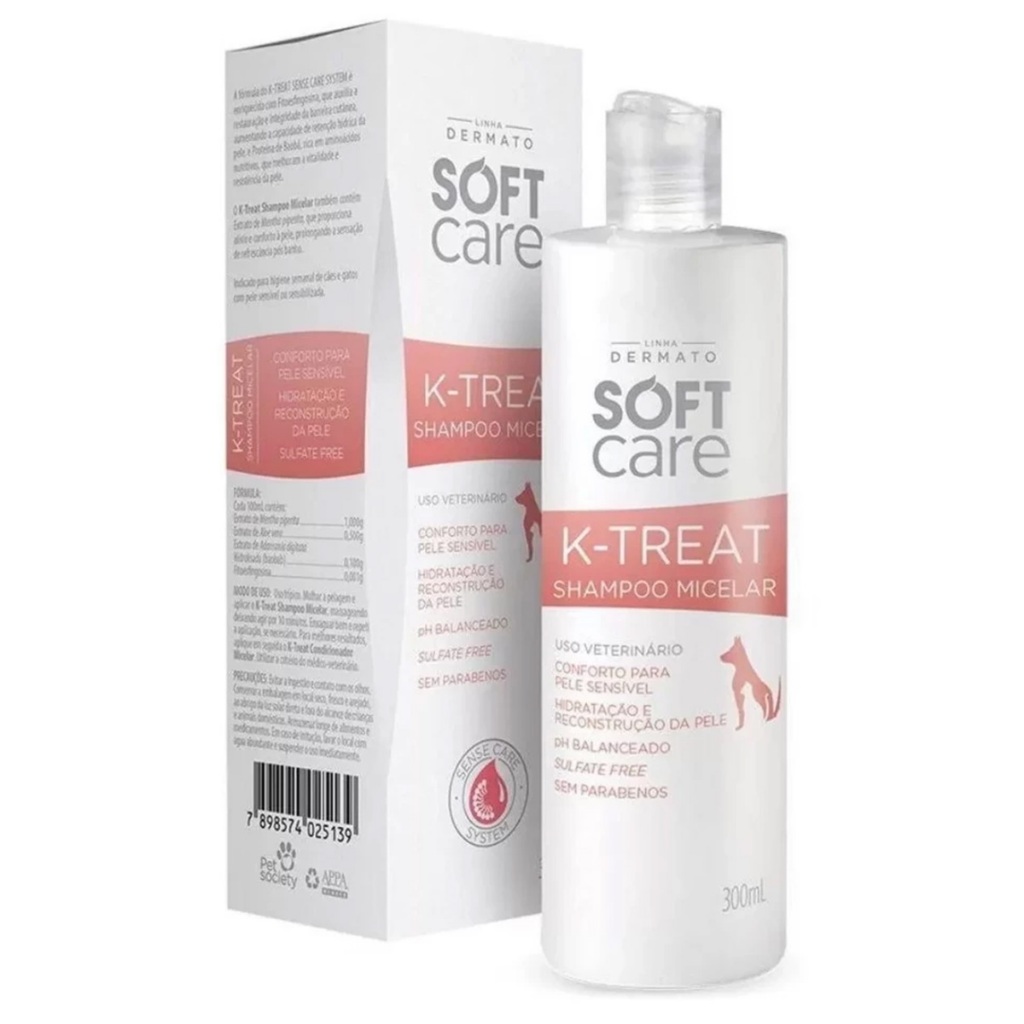Shampoo Micelar Pet Soft Care K-treat 500 ml Pele Alérgica Cães Gatos Cachorro Animal de Estimação