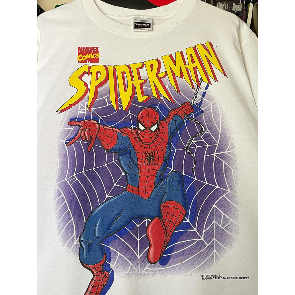 Spiderman nicho criativo puro algodão impresso de manga curta street Wear americano Retro vintage High street textura ma