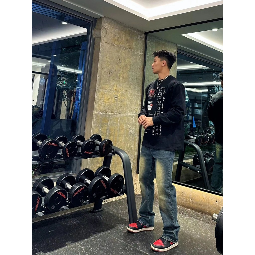 Americano High Street Spiderman impresso manga comprida camiseta masculina primavera outono solto na moda pesado algodão