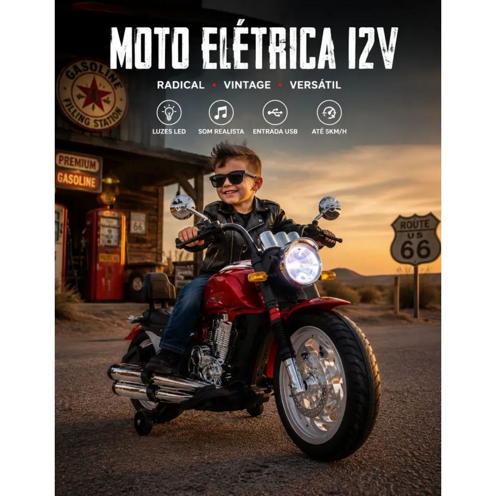 Moto Eletrica infantil 12V Carregador Bivolt Luz Led Bluetooth Rodas Auxiliares