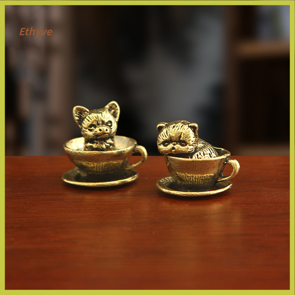 Miniature Cat Figurines for Fairy Gardens Pet Themed Scene Accessories Brass Teacup Dog Statue Cute Collectible for Diy