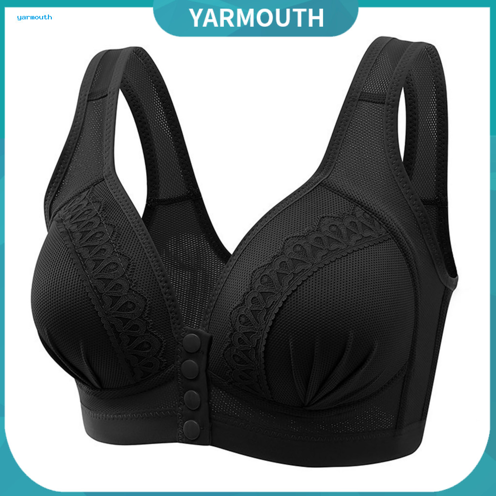 Women Bra Molded Cup Mid-age Women’s Wireless Lace Stretchy Fixed Shoulder Straps Front Button Closure Breathable Shoc