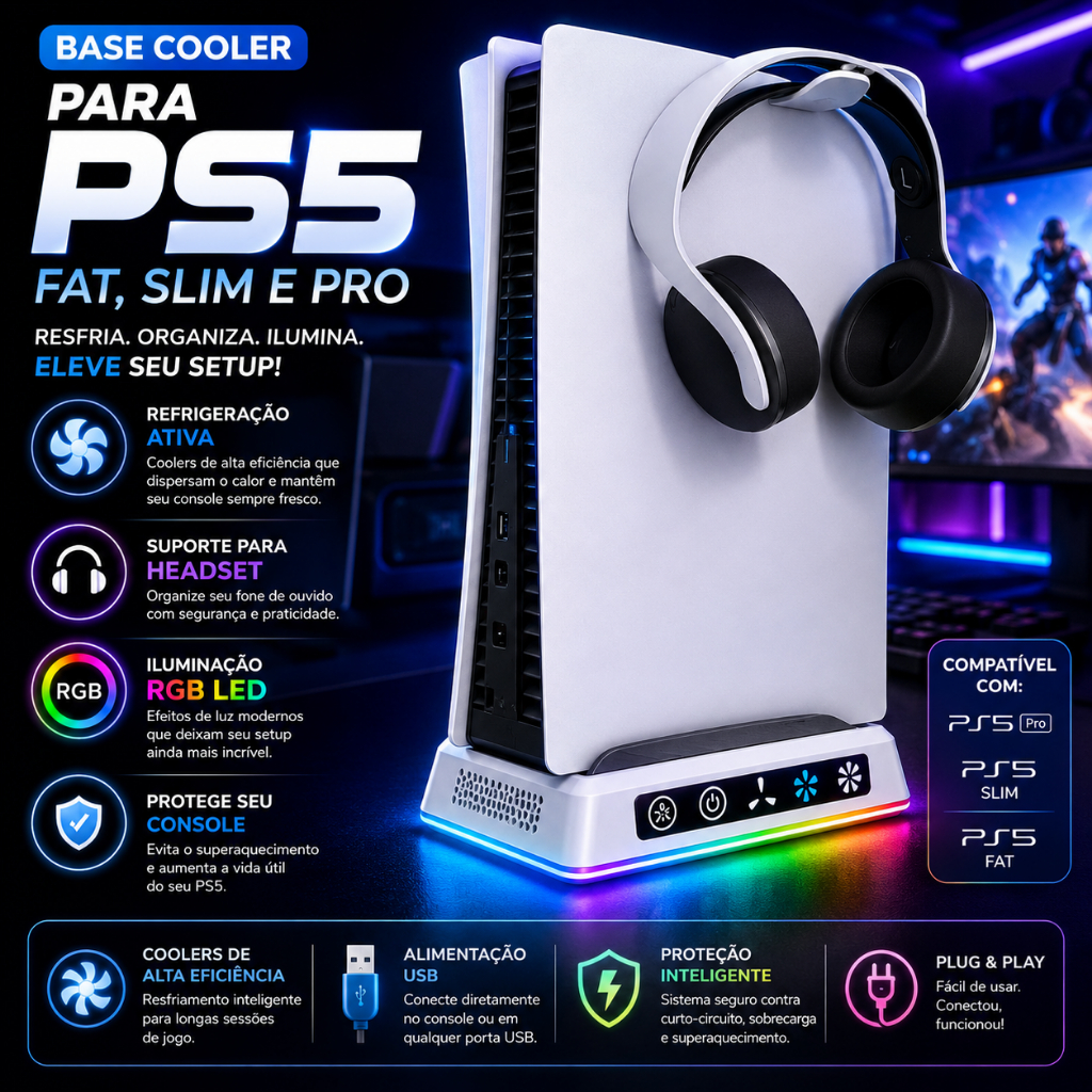 Base Cooler Suporte para Ps5 Pro Slim Fat com LED RGB Suporte para Headset e Ventilação USB Antiderrapante