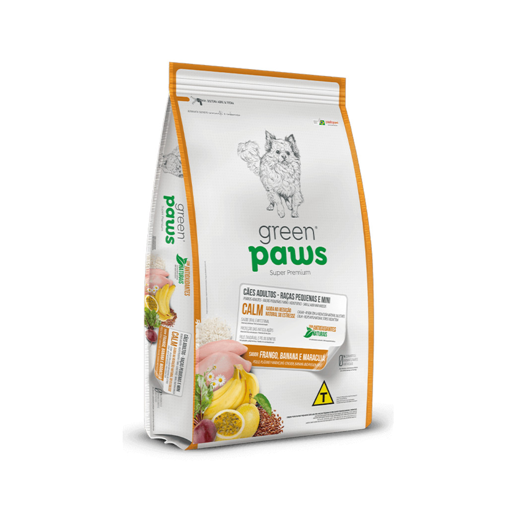 RAÇÃO GREEN PAWS CAO ADULTO MINI E PEQUENOS SABOR FRANGO BANANA MARACUJA 10,1KG CALM