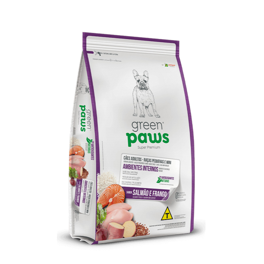 RAÇÃO GREEN PAWS CAO ADULTO MINI E PEQUENOS SABOR SALMAO E FRANGO 10,1KG AMBIENTES INTERNOS