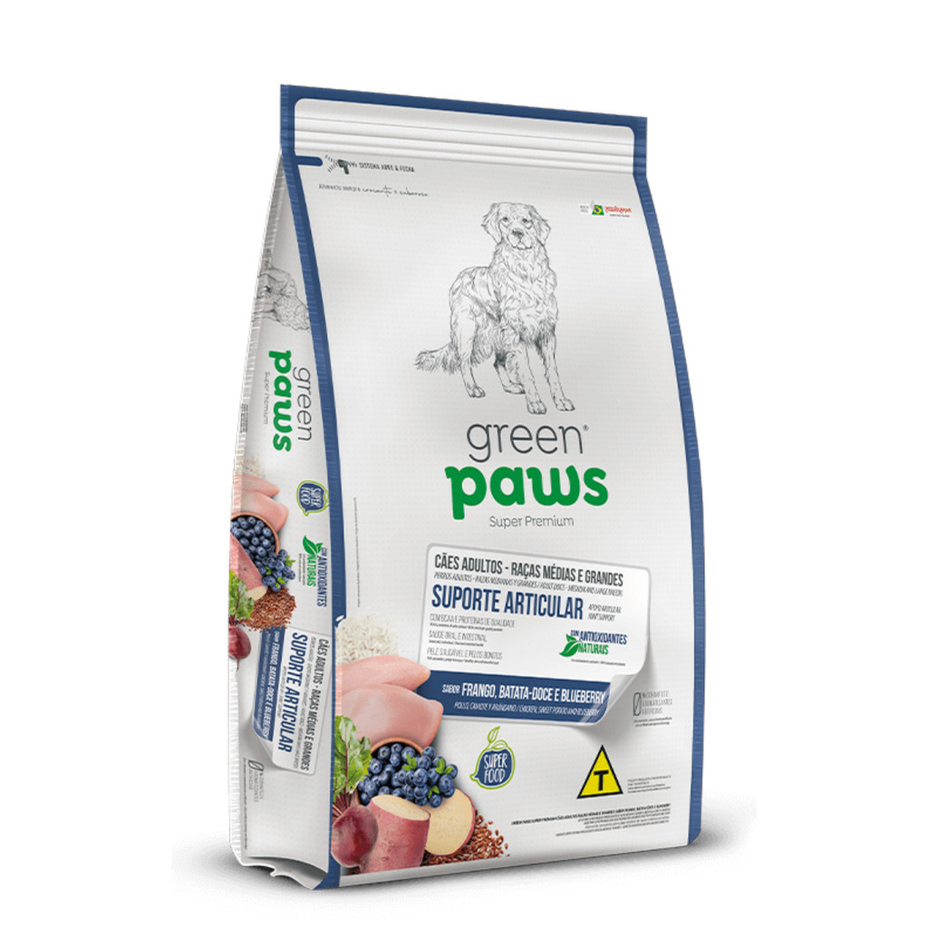 RAÇÃO GREEN PAWS CAO ADULTO MEDIO GRANDE SABOR FRANGO BATATA DOCE BLUEBERRY 14KG SUPORTE ARTICULAR