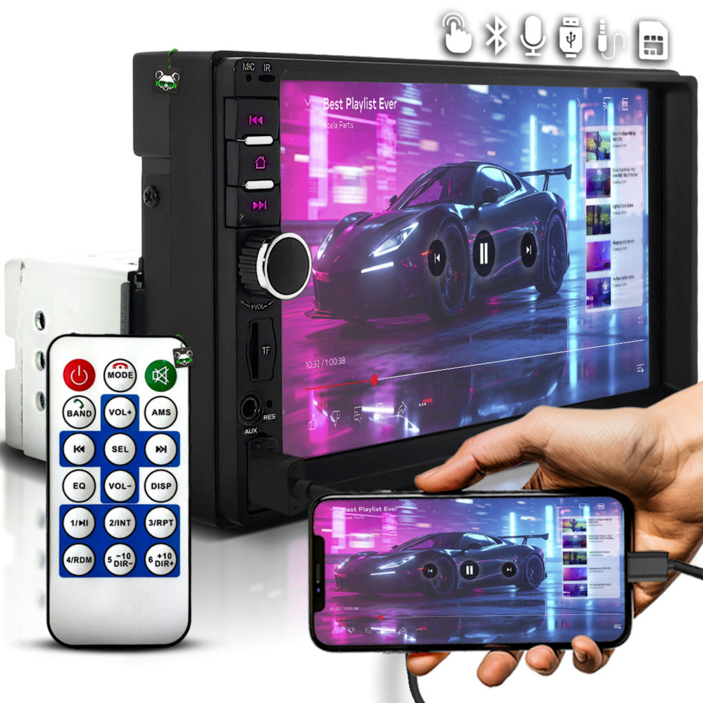 Multimídia Universal 7 pol Mp5 Ips 1 Din Espelhamento Android Ios Bt