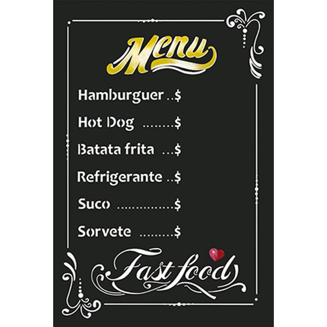 Placa Lousa em MDF 29 x 43 cm - Menu Fast Food