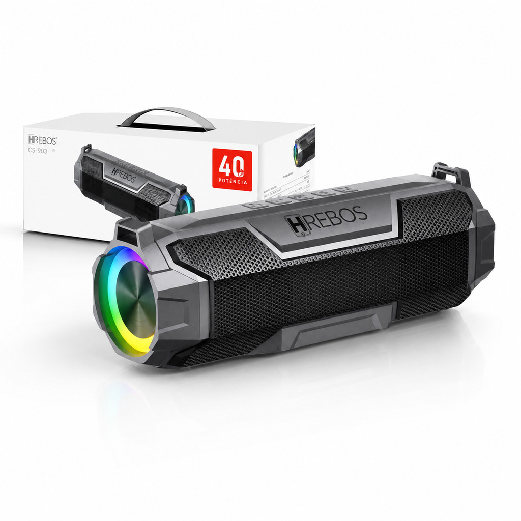 Caixa de Som Bluetooth Hrebos CS-903 40W RGB Bateria 3600mAh IPX4 Portátil