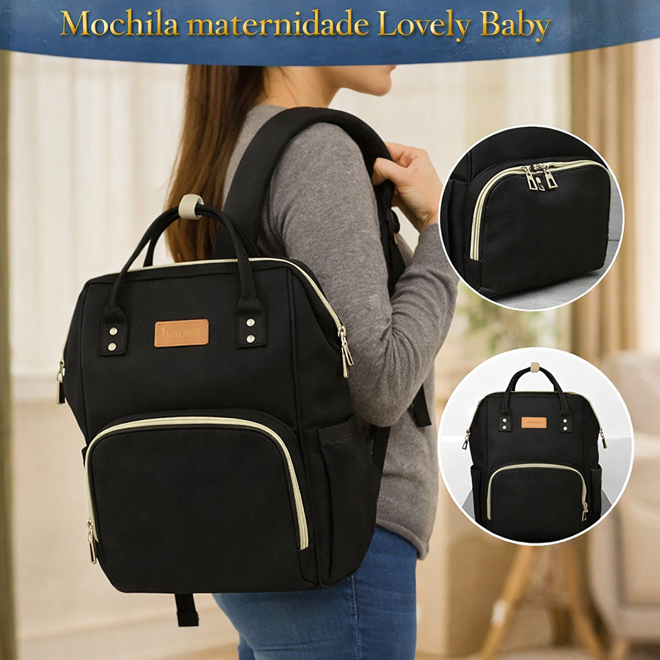 Mochila Maternidade Preta UNIK 100% Poliéster 40cm Lovely Baby Compartimentos Internos