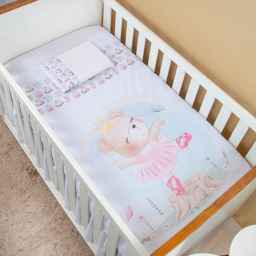 Jogo de Lençol 3 pcs Berço Americano Bebê Menina Ursinha Lovely