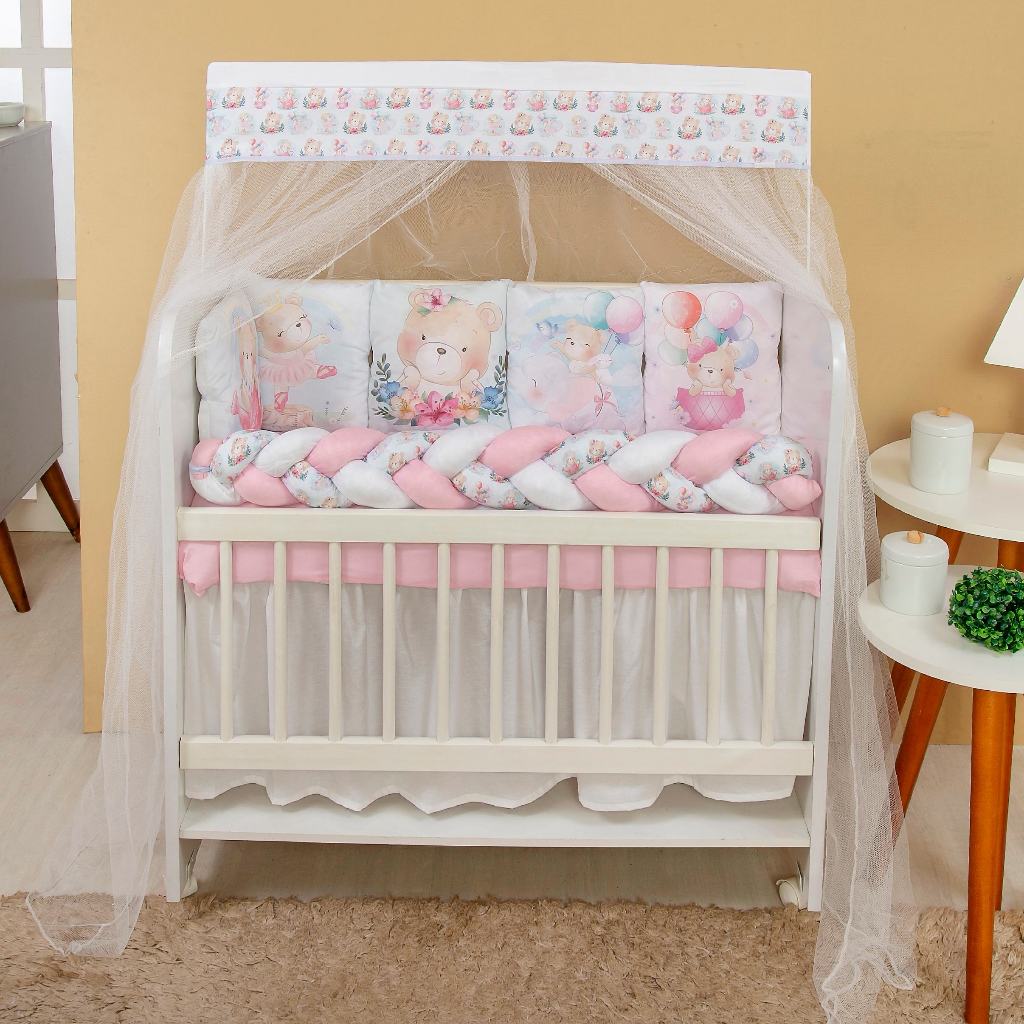 Kit Mini Berço com 12 peças + Saia de Berço Bebê Menina Ursinha Lovely