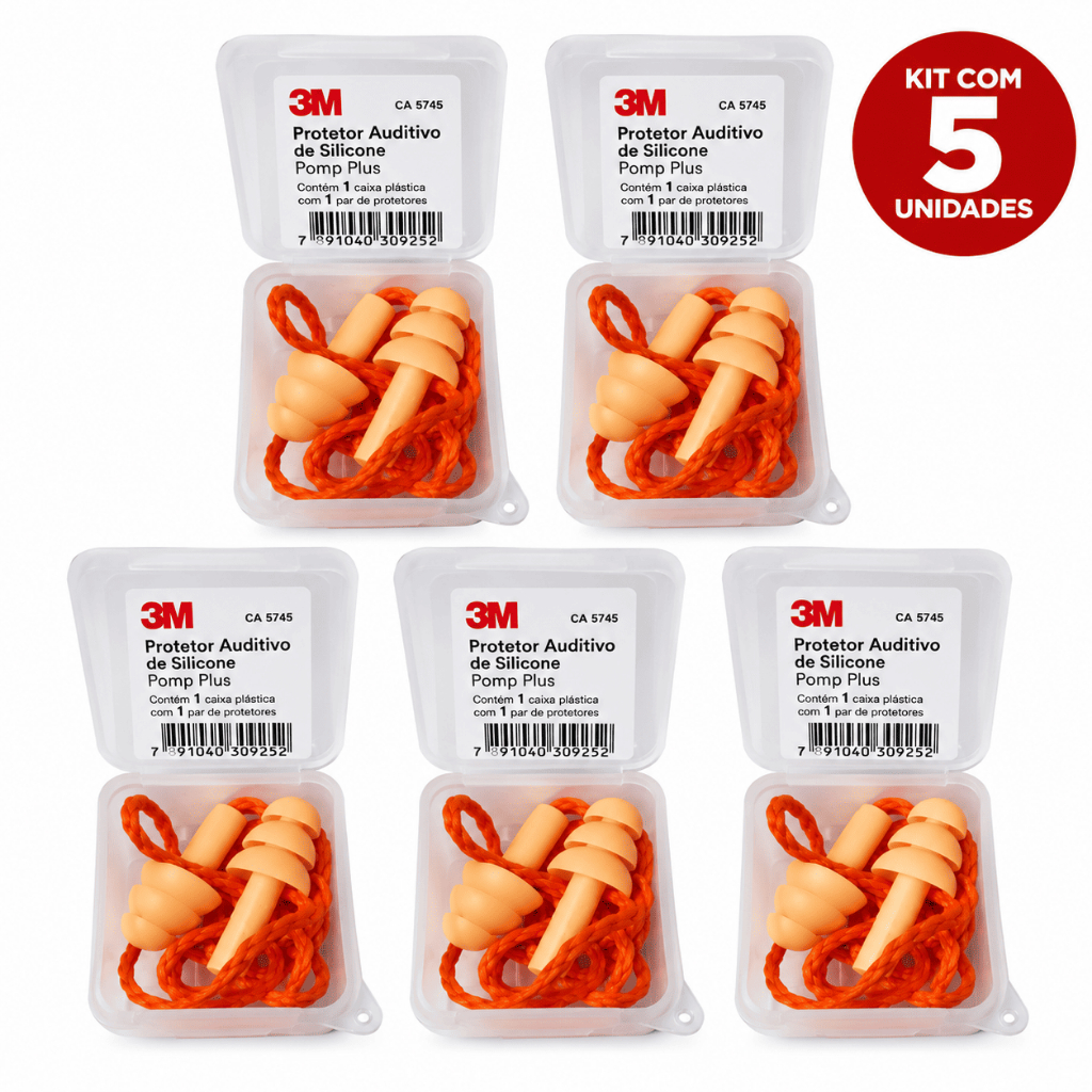 Kit 5 Protetor Auricular Pomp Plus com Cordao 3m