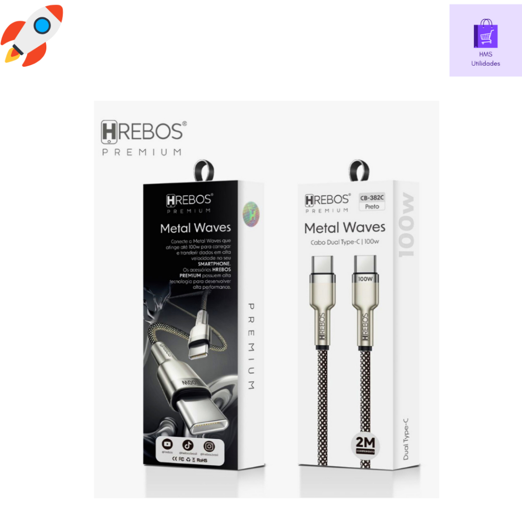 Cabo de Celular Trançado Metal Waves CB 382C Dual Type-C 100W Hrebos  2Metros Turbo Carregador