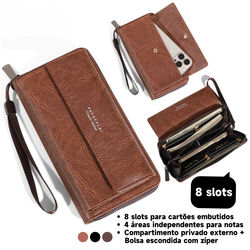 Carteira masculina longa com zíper de couro PU artificial, com múltiplos slots para cartões e suporte para celular