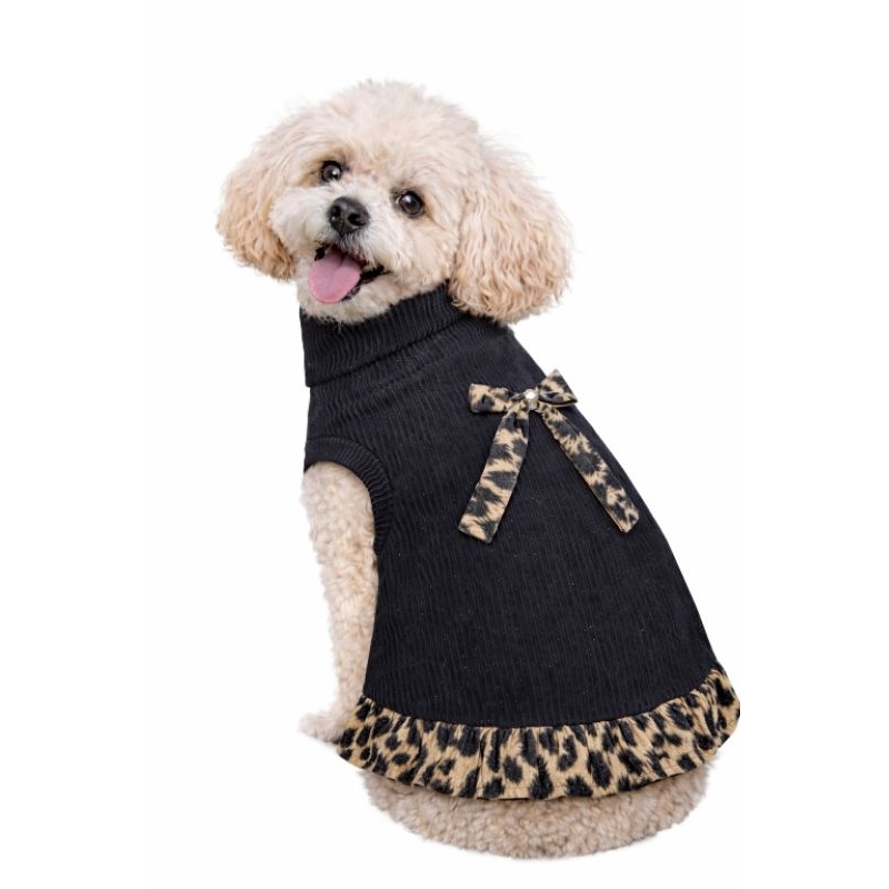 Vestido para Cachorro Inverno Roupa Pet Gola Alta Malha Canelada com Laço e Estampa Animal Print