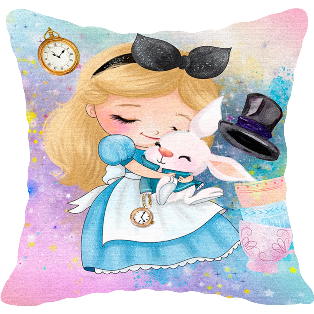 Capa de Almofada Infantil Princesas e seus Pets  - Veludo Estampa Digital -  Velvet Print - 32cm x 32cm.