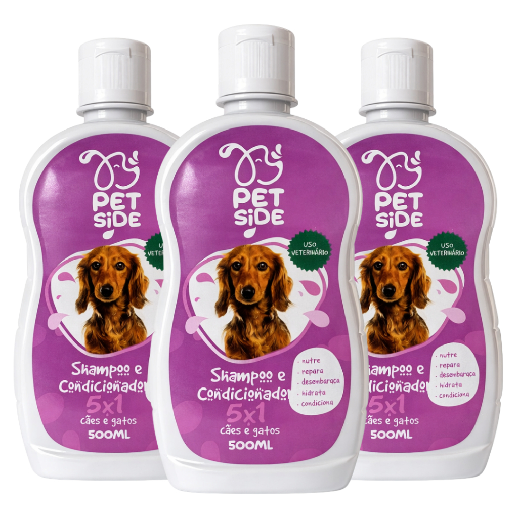 Kit 3 Shampoo & Condicionador 5x1 para Cães e Gatos - Petside 500ml Banho Petshop
