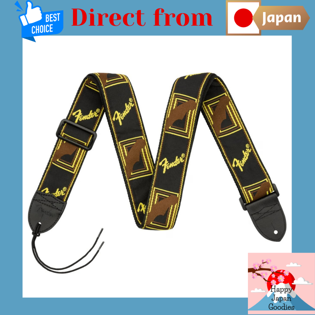 Fender Monogrammed Guitar Bass Strap 2-inch Adjustable Nylon with Leather Ends - Black Yellow Brown