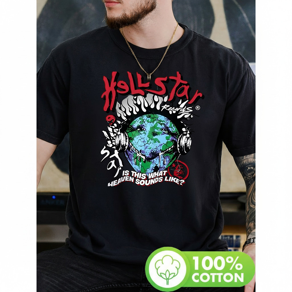 Camiseta Masculina Hellstar Regards Estampa Globo Terra Fones de Ouvido Letras Vermelhas Moderna Atemporal Estilosa Over