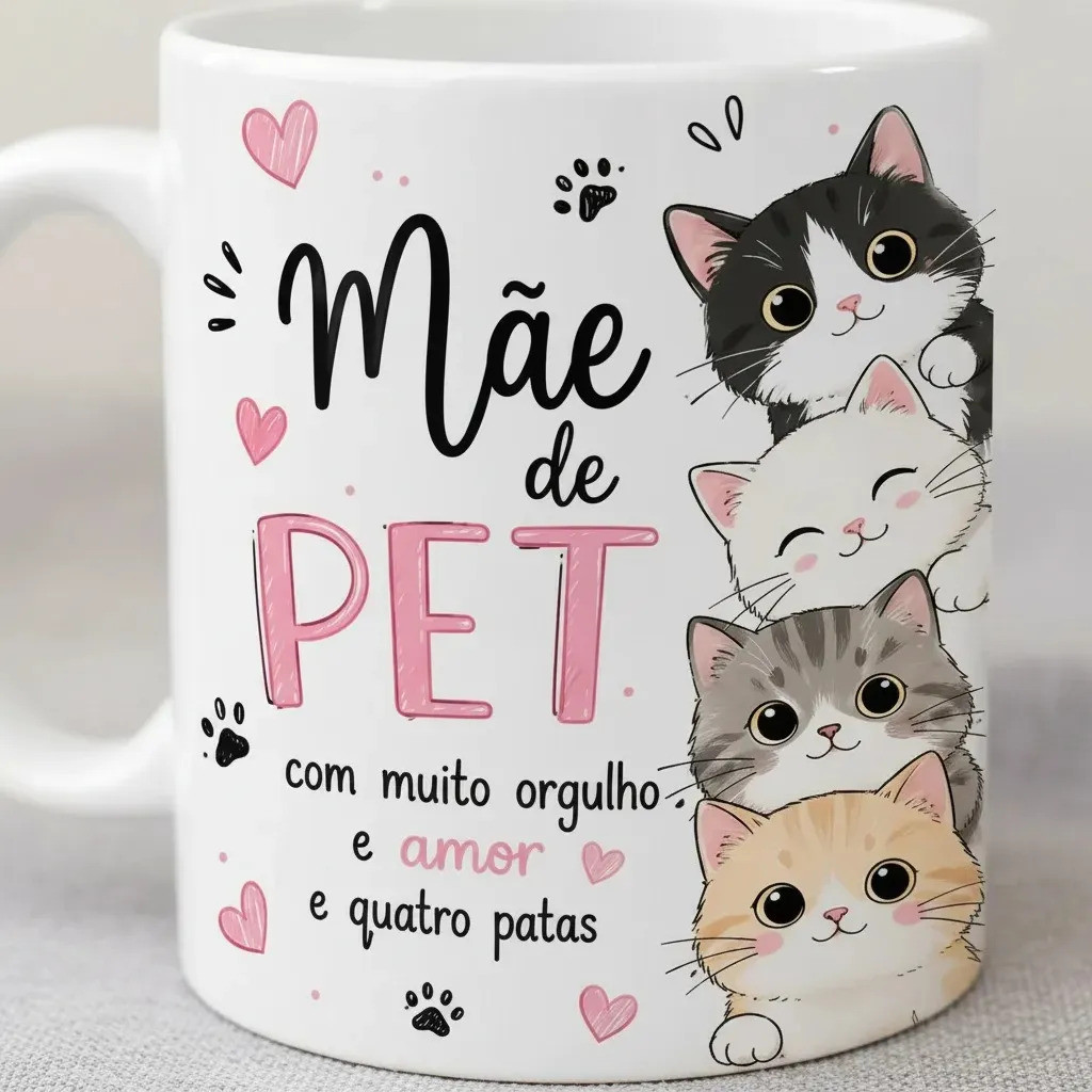 Caneca Porcelana Presente Luxo 4 Patas Amor Cuidado Mãe De Pet Cat Gato Família