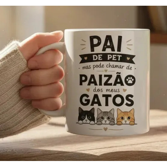 Caneca Porcelana Presente Luxo Pai De Pet Dia Dos Pais Paizão Gatos Cat Amor 4 Patas Família