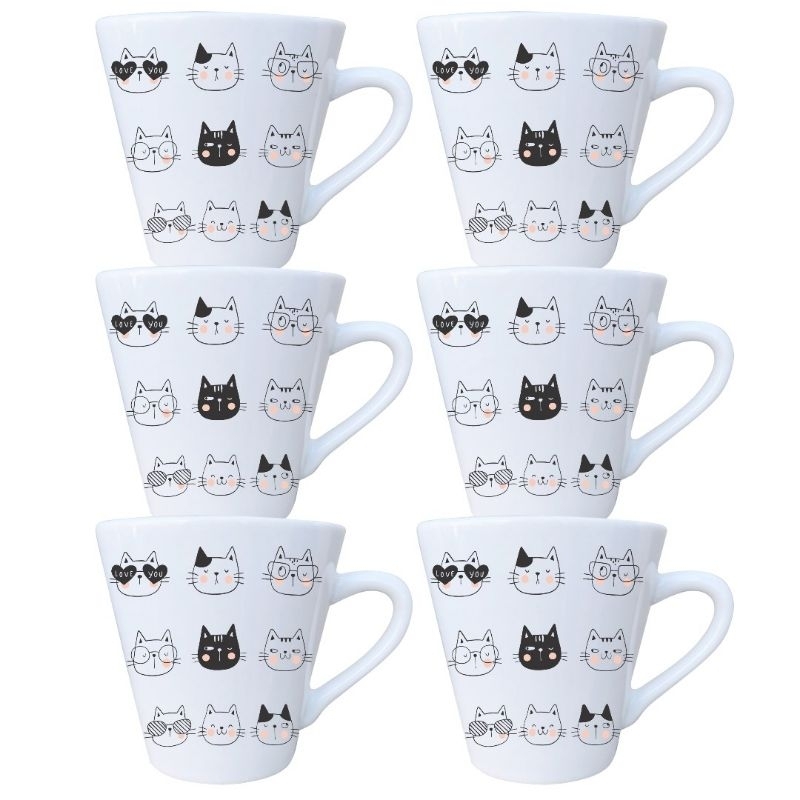 Jogo 6 Xícaras Porcelana Branca Café Expresso capuccino 120ml Cats Pets
