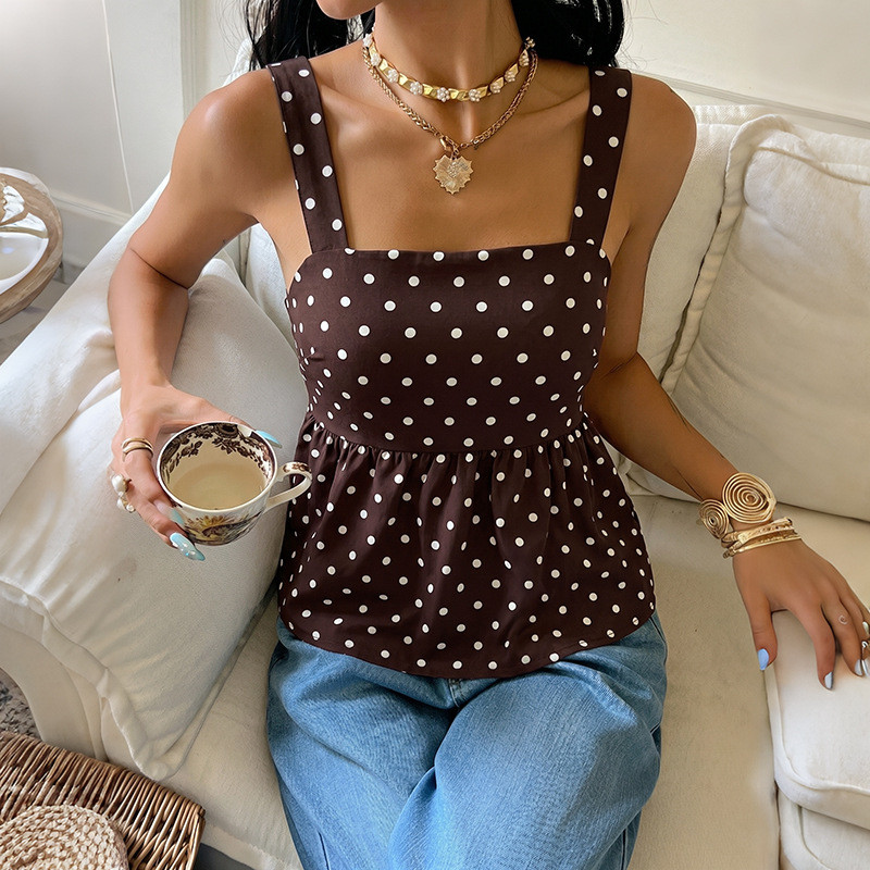Polka Dot Sling 2026 Novo estilo Halter Lace-Up A-Line Hem-Shaped Colete sem mangas Top Verão